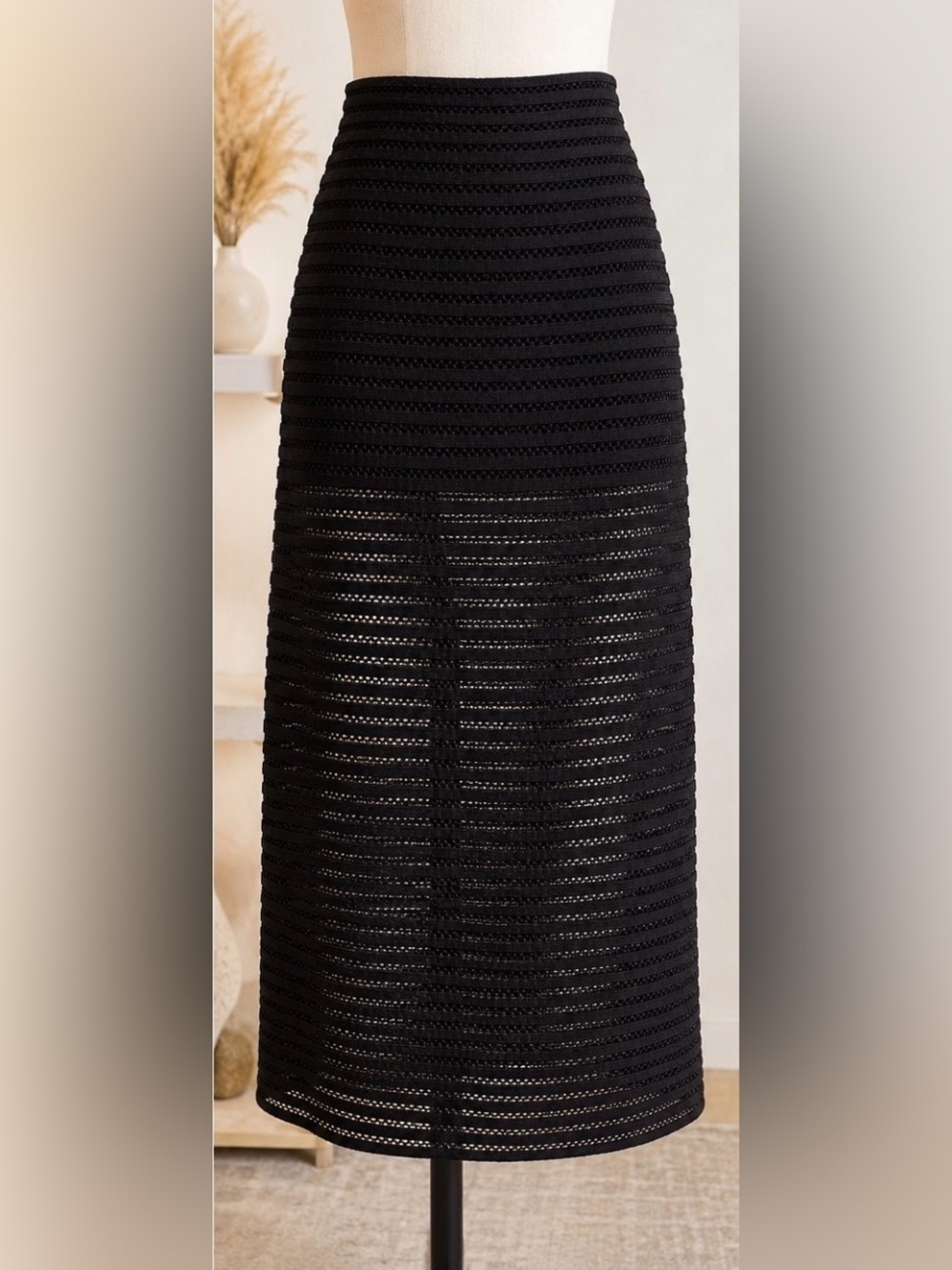 Maje Black Open-Knit Striped Midi Skirt | French Designer | Size 34